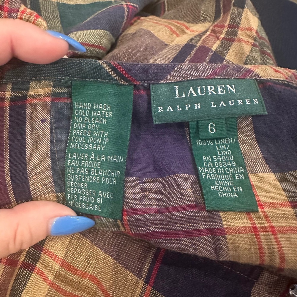 Lauren Ralph Lauren Plaid Linen Wrap Midi Skirt 6 Green Purple Academica Preppy - Picture 4 of 7
